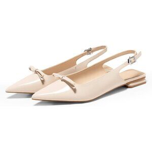 Women Slingback Pointed Toe Cream Flats Bow Comfortable Dressy Work Party Shoes